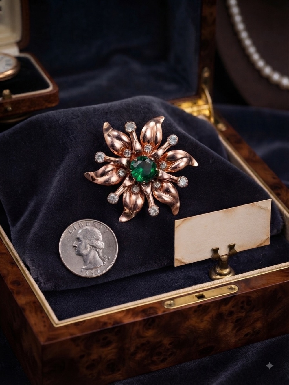 Rose Gold Floral Brooch with Green Center and Crystals